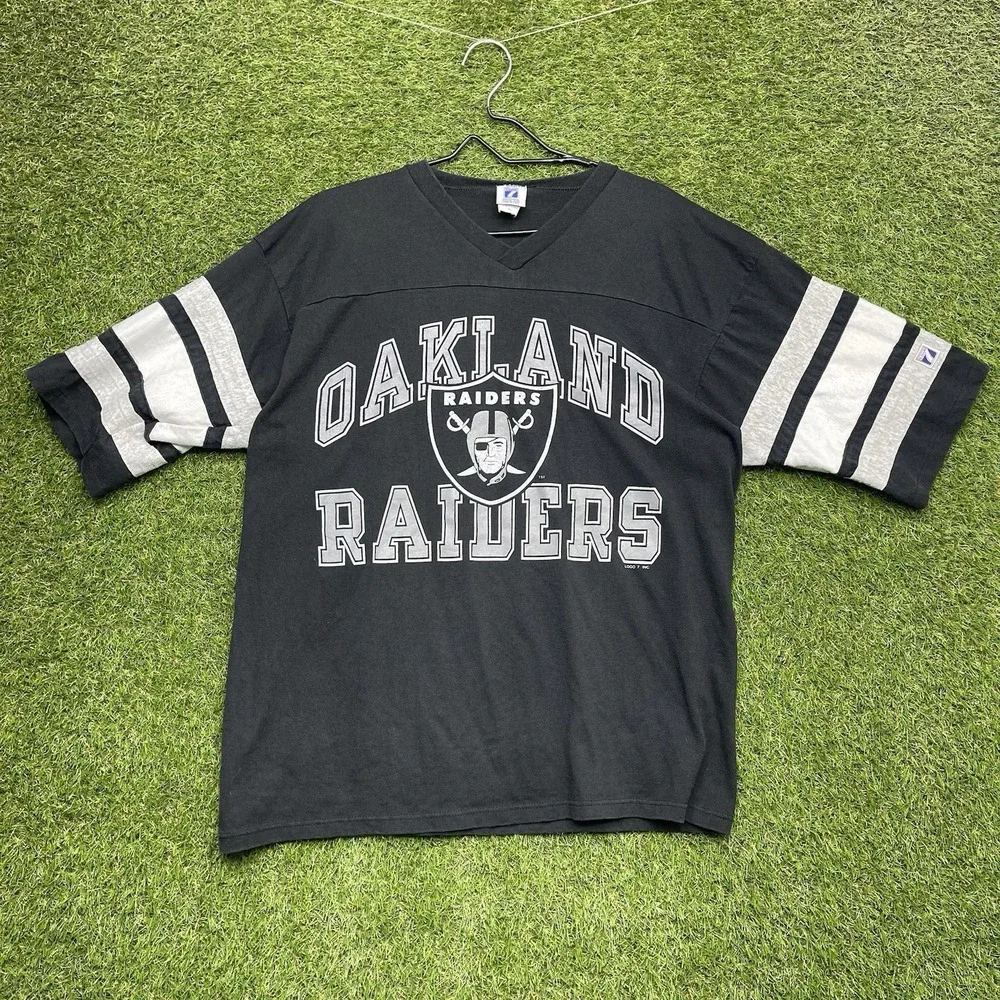 Vintage Logo 7 Oakland Raiders Shirt Mens XL Black 1995 NFL 1/2 Sleeve V Neck